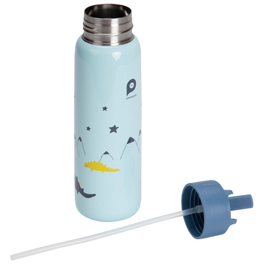 Gourde en métal avec paille 380 ml - Mes amis les dinos - Ecru