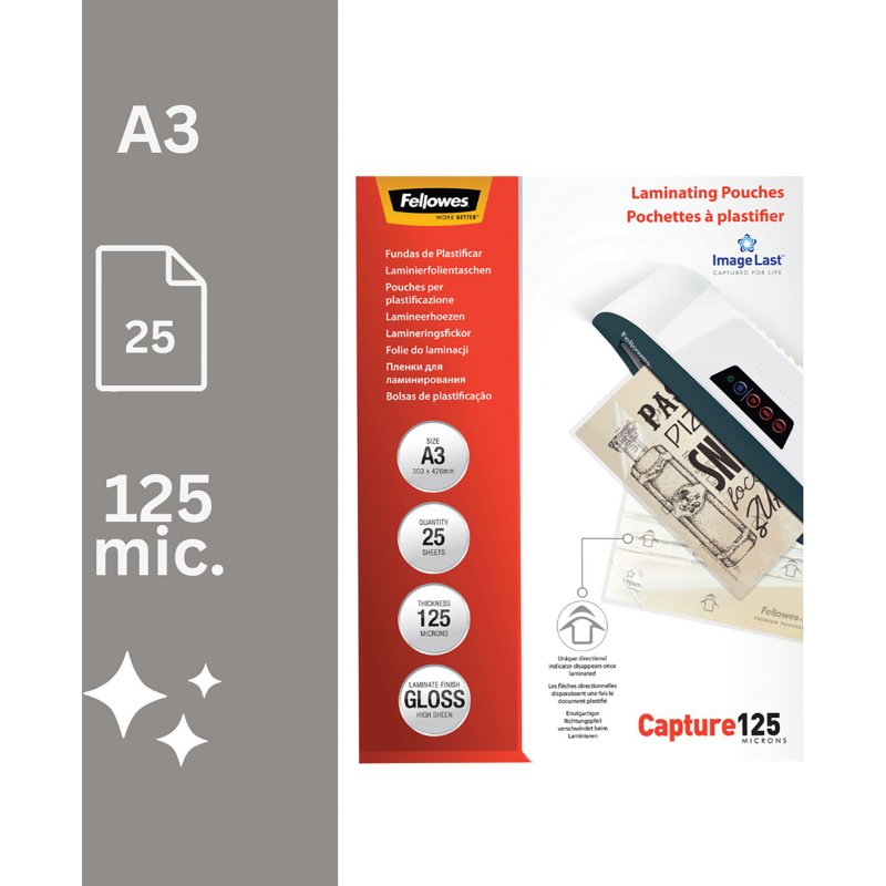 Pochettes de plastification Fellowes A3 125 µ brillantes - Boite de 25