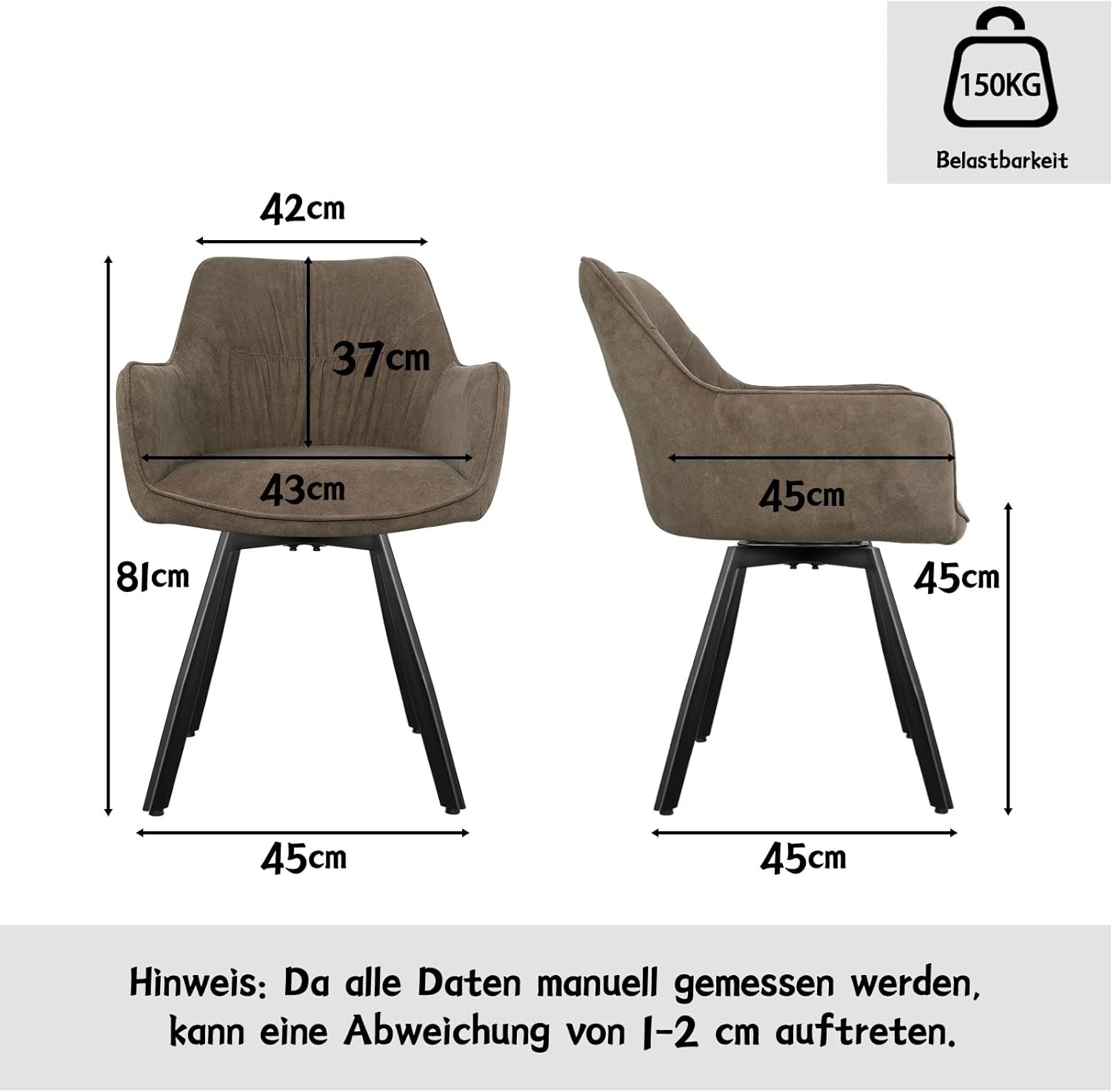 LEWE Esszimmerstühle 4er Set Drehbar, 360° Drehstuhl, Ergonomisch Polsterstuhl, Küchenstühle mit Armlehne, Metallbeine, Kurzflor-Stoff für Esszimmer Wohnzimmer Schlafzimmer, Braun