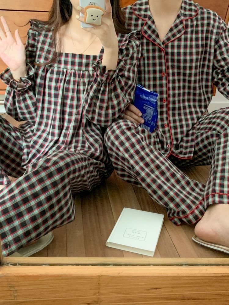Tanee - Koppel bijpassende pyjamatop met pofmouwen en ruches, geruit, top, shirt, broek en set