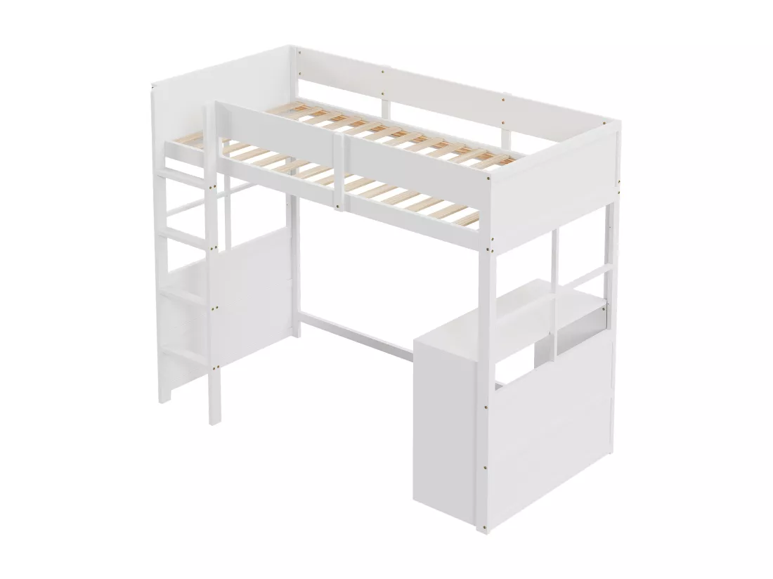 Lit mezzanine 90 x 200 cm avec avec bureau & échelle - bois MDF - blanc (sans matelas)