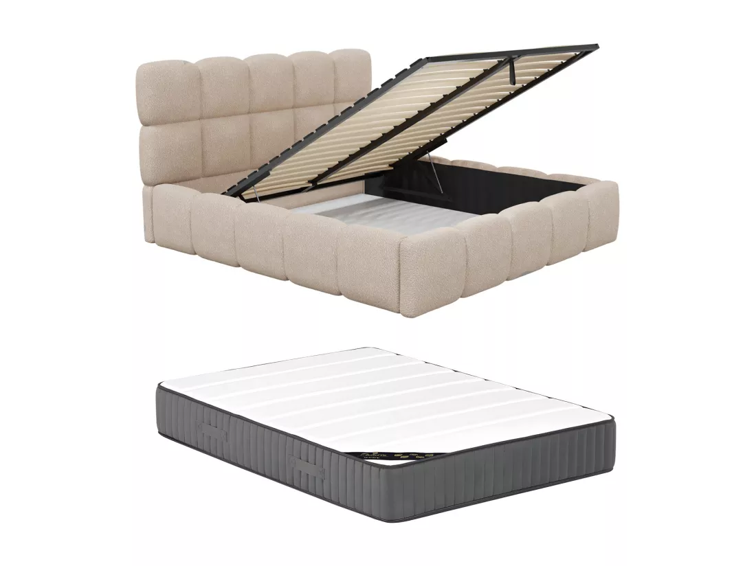Lit coffre 200 x 200 cm - Tissu bouclette - Beige + Matelas - DAMADO de Pascal Morabito