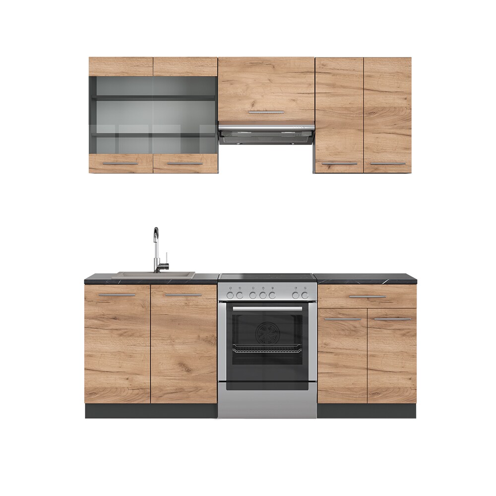 Vicco Küchenzeile Küchenblock Einbauküche Fame-Line Anthrazit Eiche 200 cm modern Küchen Schränke Schubunterschrank Spülenunterschrank Hängeschrank Hängeglasschrank