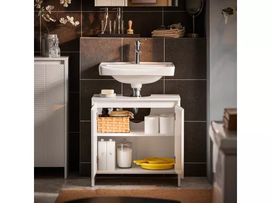 SoBuy BZR157-W Meuble Sous Lavabo, Meuble sous Vasque, Meuble Salle de Bain avec 2 Portes et 2 Étages, Placard de Rangement Salle de Bain, L60 x P30 x H61 cm, Blanc