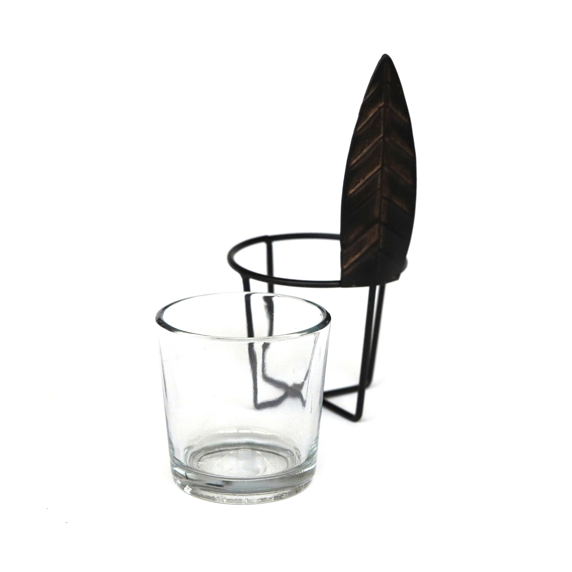 Teelichthalter 'Feder' mit Glas, schwarz, braun, Ø 7 cm, H 13 cm von fischer's lagerhaus