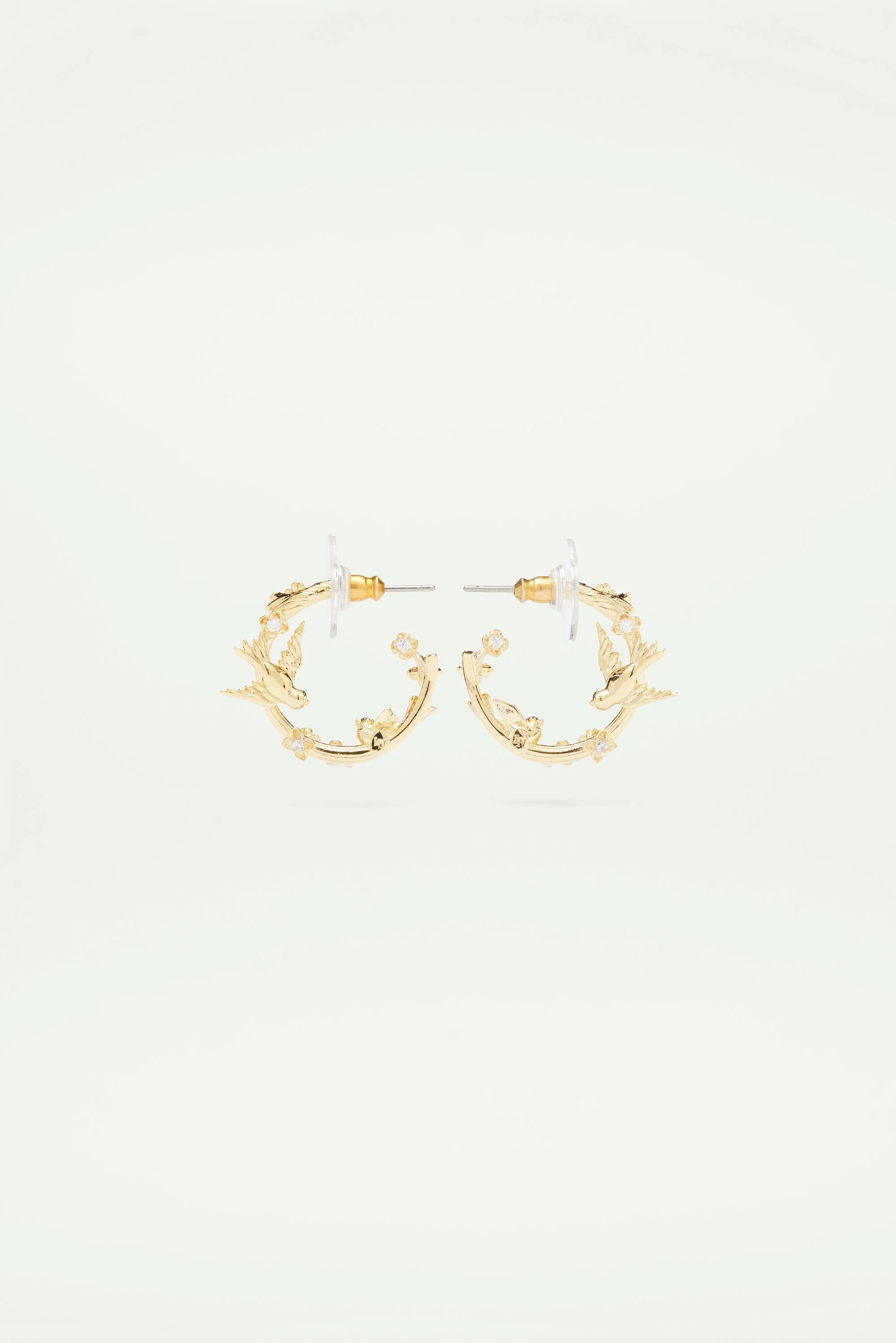 Boucles d'oreilles tiges créoles dorées oiseaux, fleurs et cristaux | Jaune