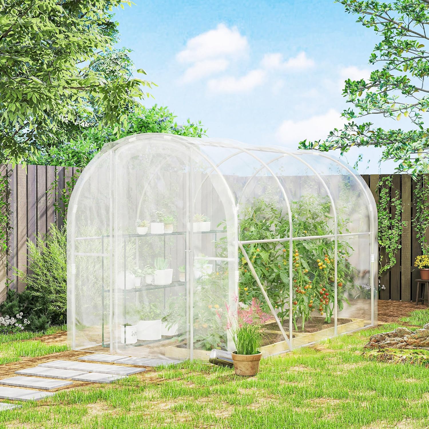 Outsunny Tunnel-Gewächshaus 3 x 2 x 2 m 6 m² mit Scharniertür PE-Plane 150 g/m² für Gemüse Pflanzen Blumen