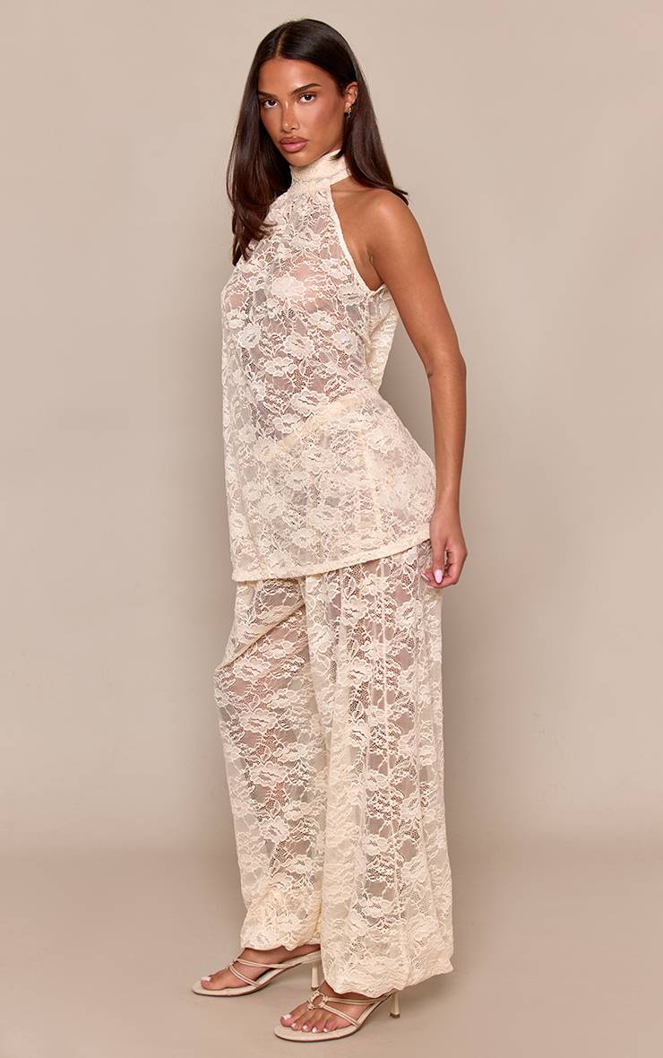 Crème Ensemble Coordonné Pantalon Ballon En Dentelle Transparente