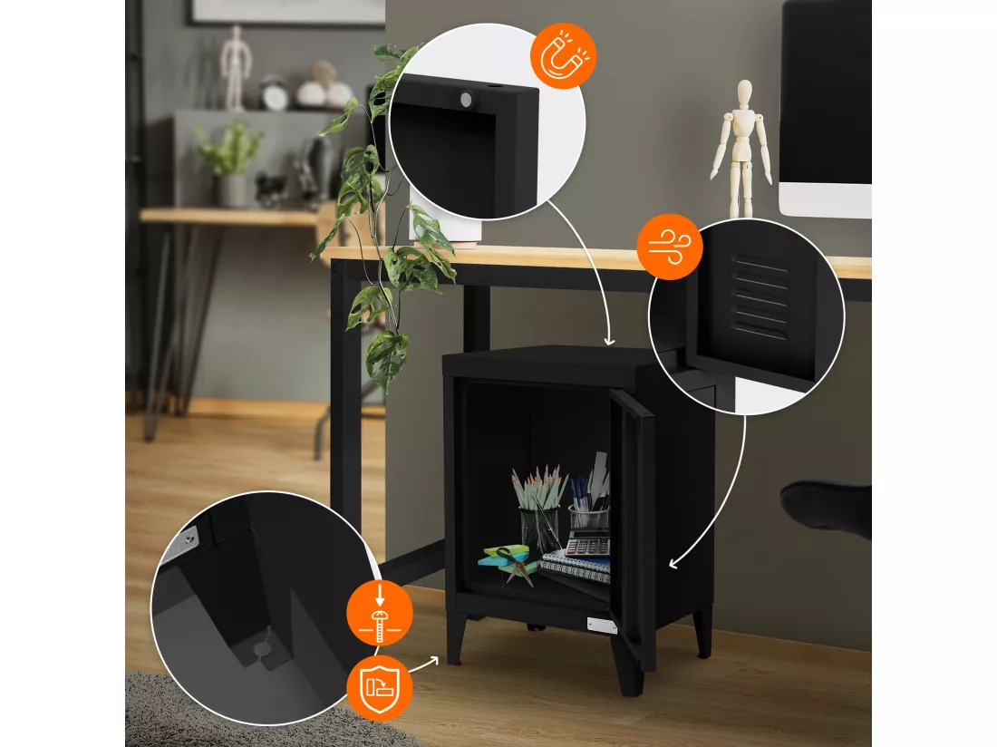 Lot 2x armoire de classement noir en acier 40x30x57,5cm table de chevet stockage