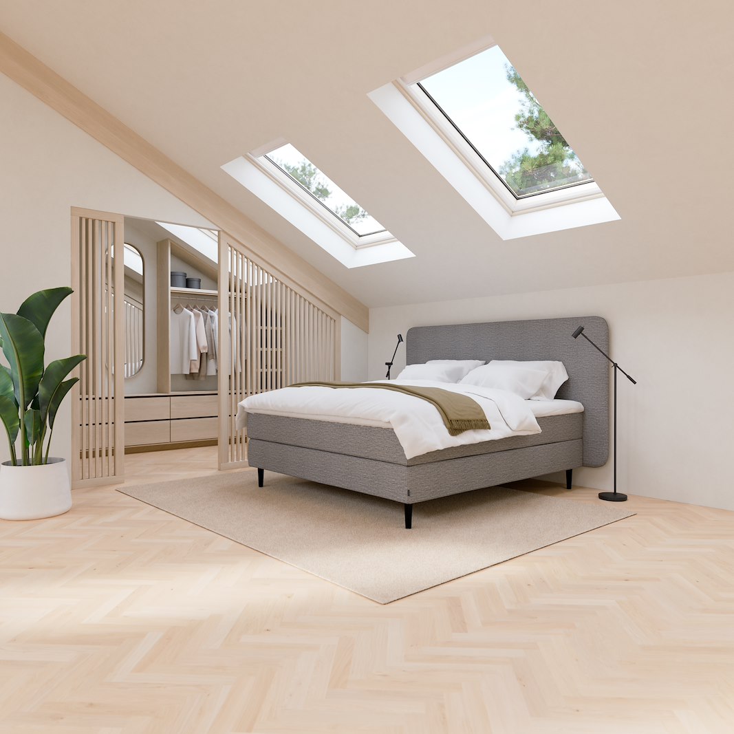 Onyx kontinentalseng 210x210 cm Tekstil 281 grå, ekstra fast/ekstra fast, seamless, Sleep I overmadrass og Conic 18 cm sorte ben + støtteben