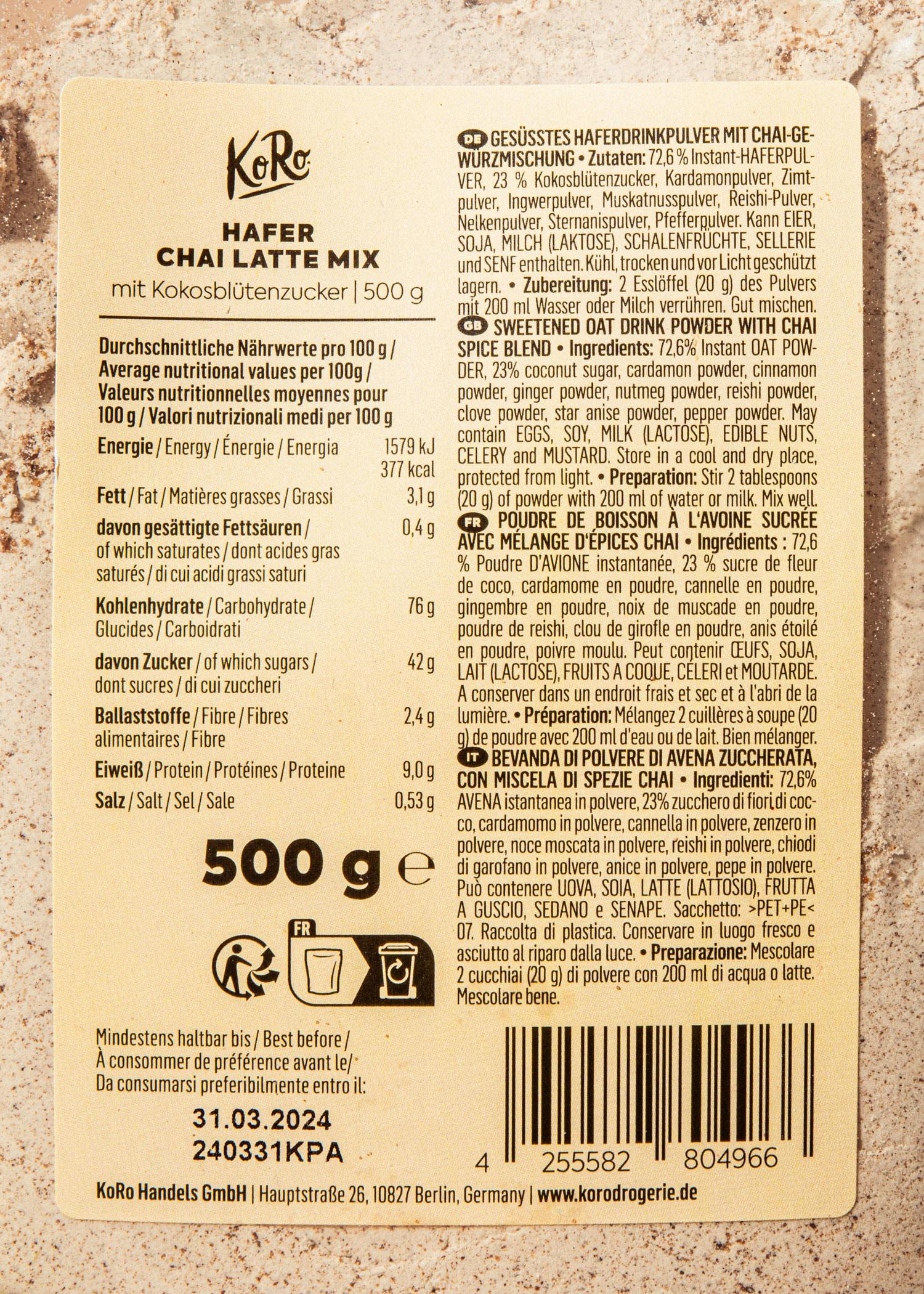 Chai Latte Mix auf Haferdrinkbasis 500 g