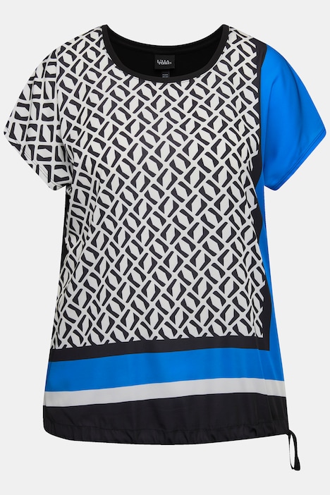 Blusenshirt, Patchlook, Satinfront, Rundhals, Halbarm
