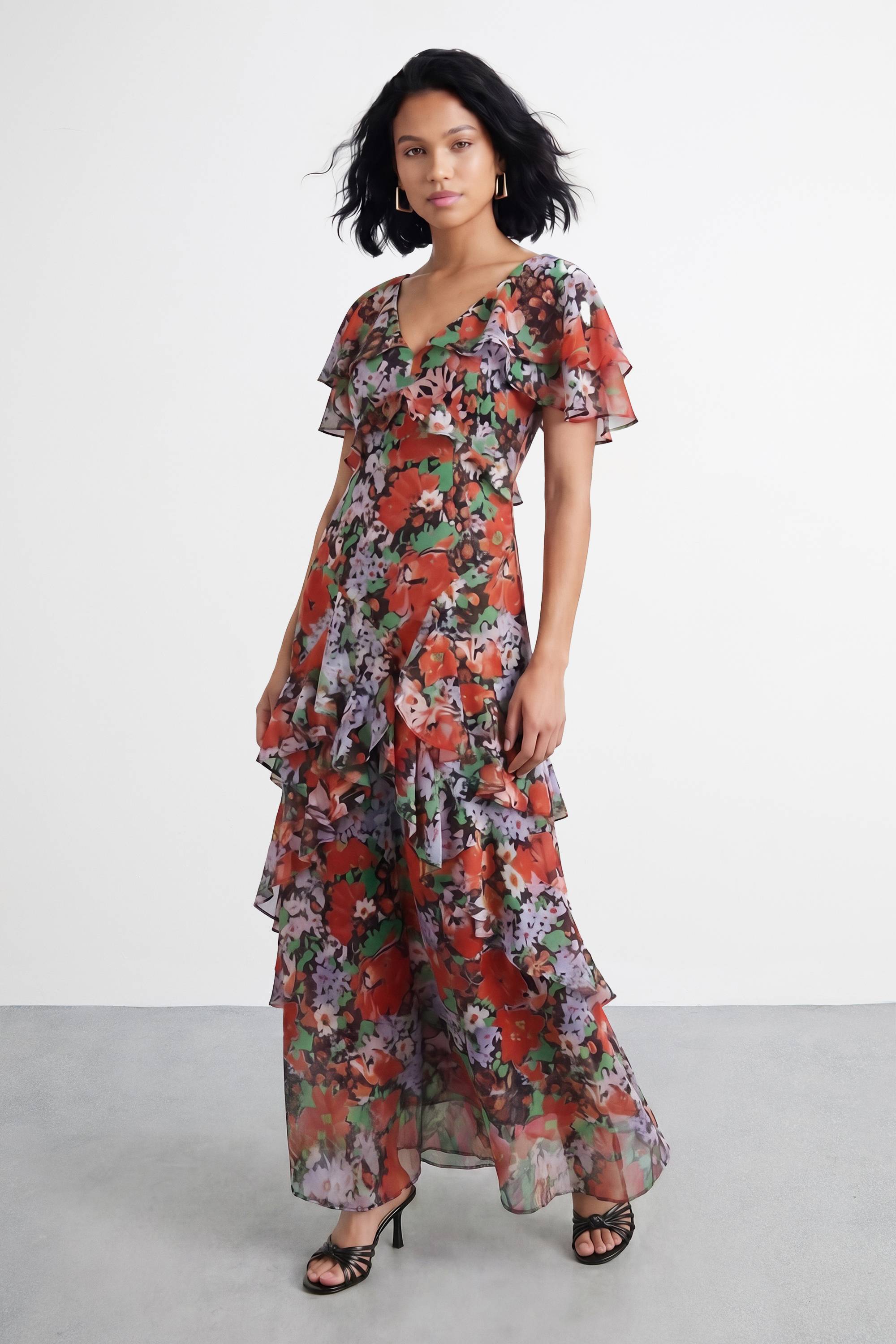 Warehouse Robe Maxi À Imprimé Fleuri Avec Volants Et Manches Papillon Petite