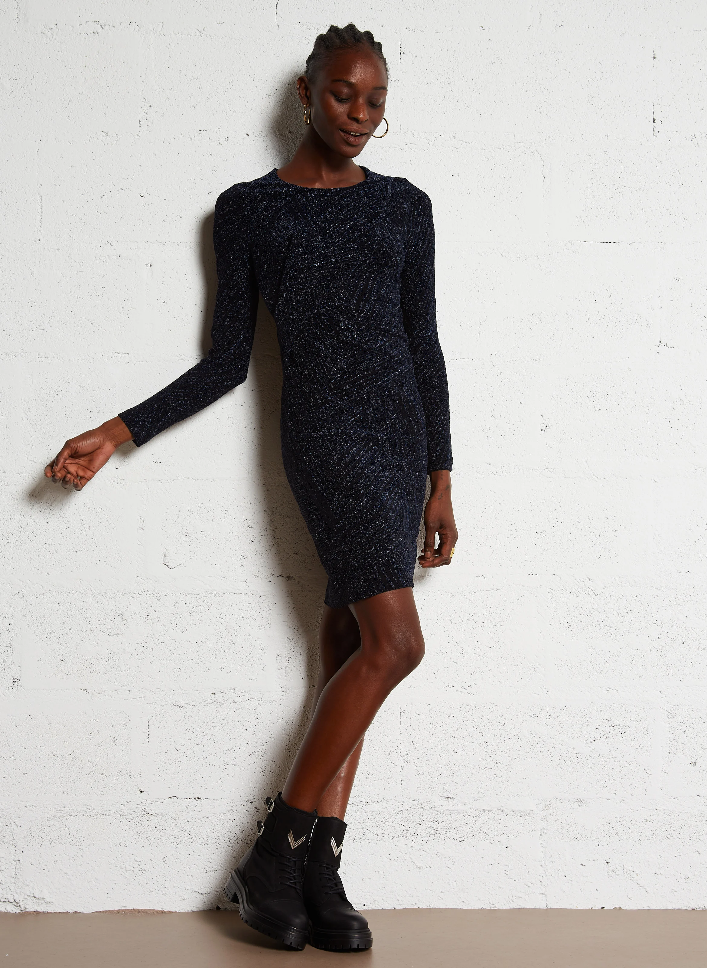 Robe courte col rond en maille lurex | Bleu