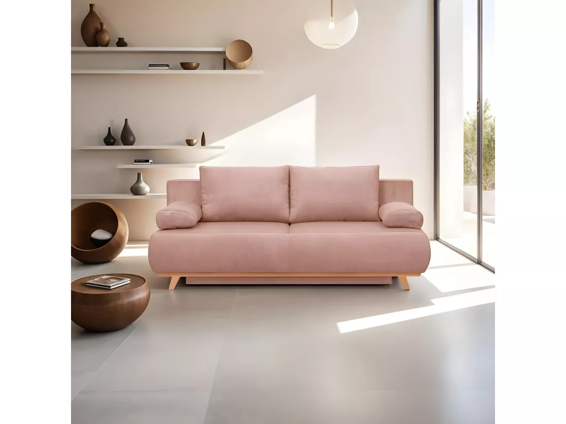 Canapé convertible 3 places avec coffre de rangement en velours fines côtes rose pâle - Laria