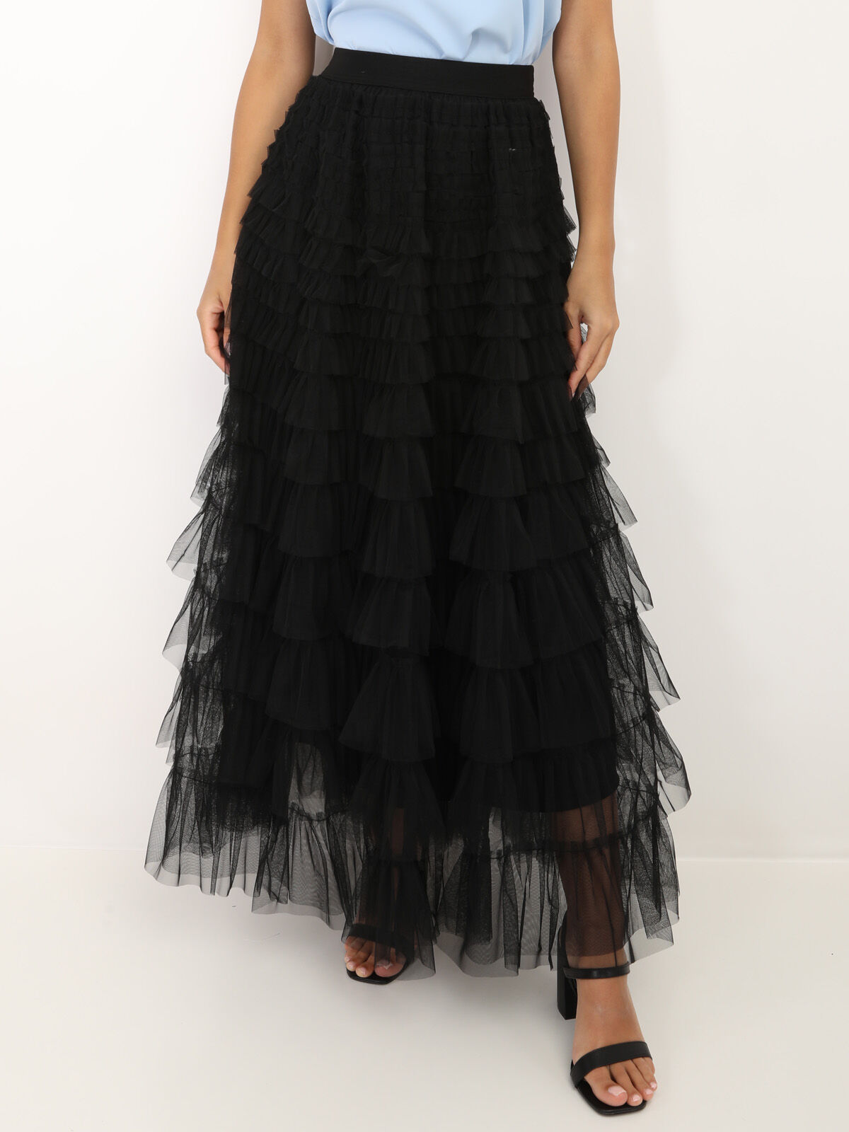 Jupe longue en tulle à volants- Noir