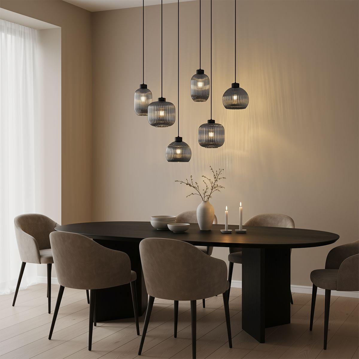 Design hanglamp zwart met smoke glas 6-lichts - Ana