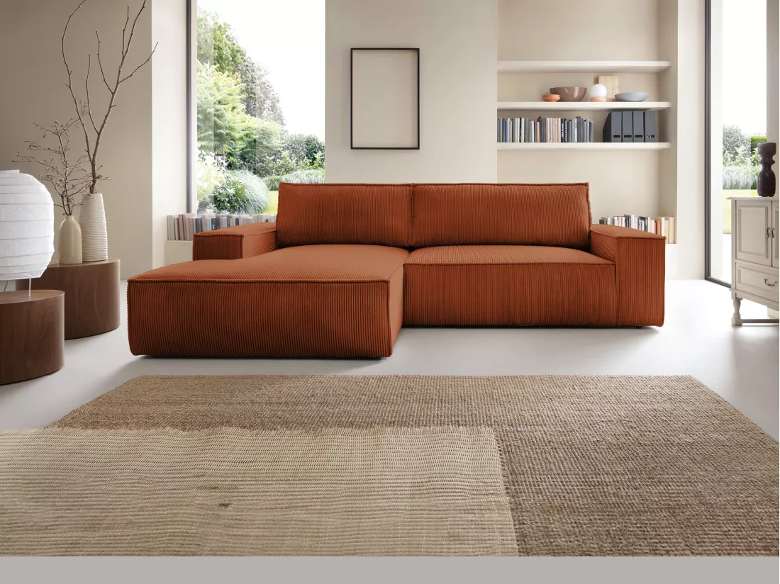 Canapé d'angle gauche convertible en velours côtelé terracotta AMELIA
