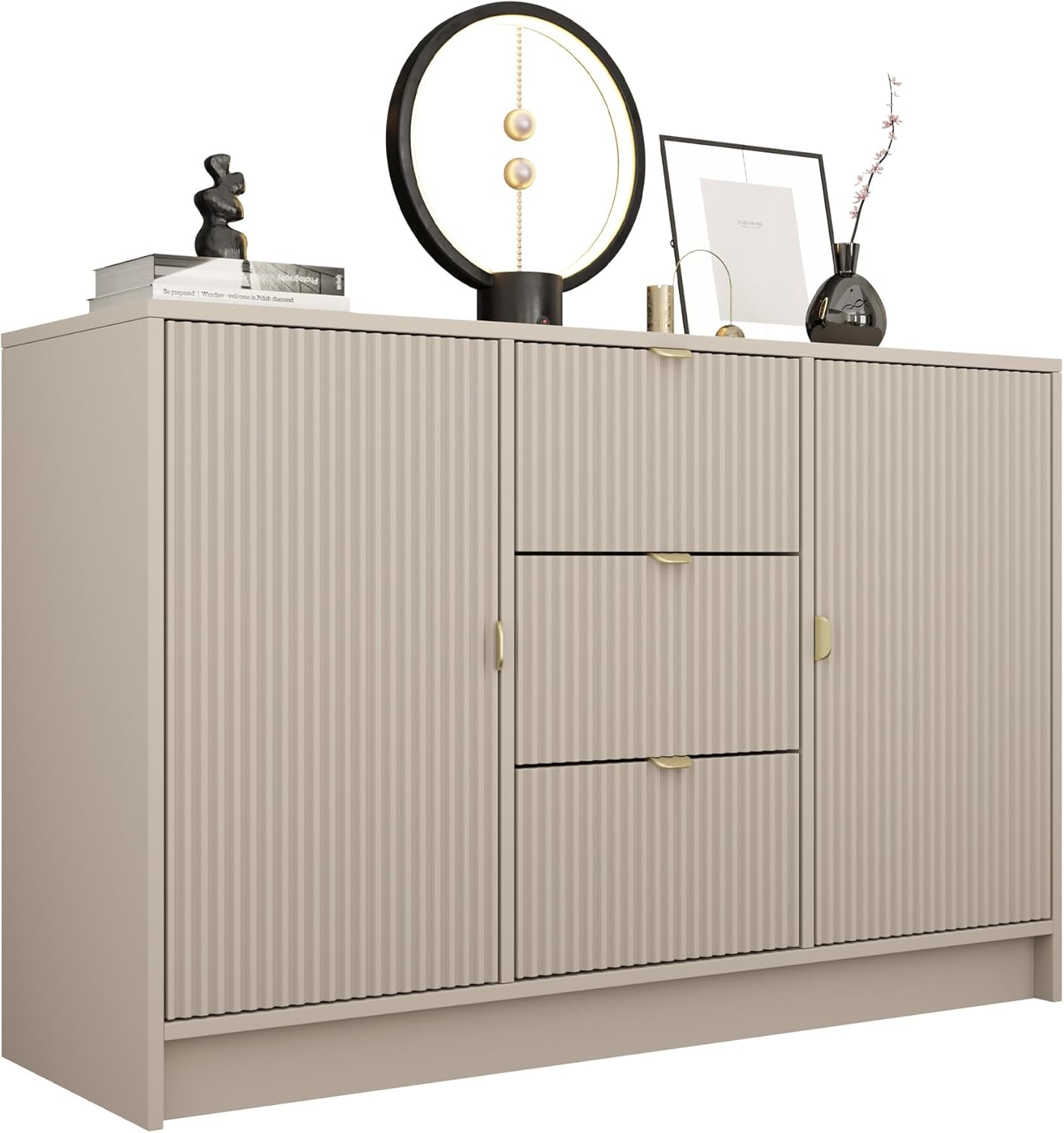 Mirjan24 Kommode Tireno 2D3SZ mit 3 Schubladen und 2 Türen, geriffelte Fronten, B:118 x H:75 x T:40 cm, Highboard, Anrichte, Sideboard, Mehrzweckschrank, Wohnzimmerschrank (Sandbeige)