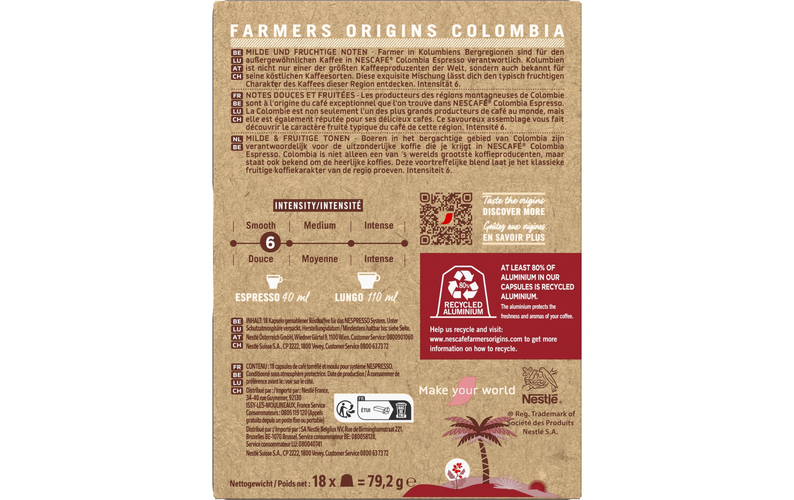 Kaffeekapseln Farmers Origins Colombia 18 StückKapseln aus recyceltem Aluminium für das Nespresso-System
