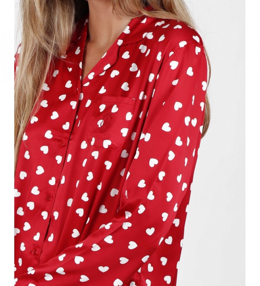 Camisola Admas de manga comprida aberta, vermelha, com estampa natalina.