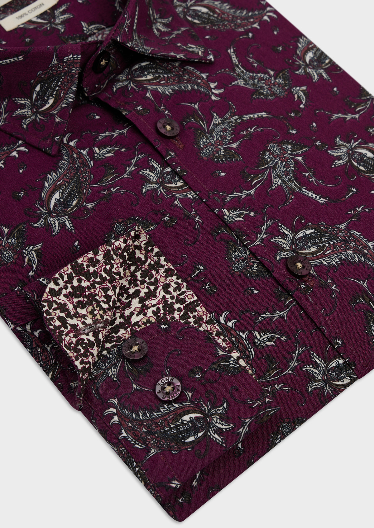 Chemise sport Slim en popeline de coton aubergine à motif cachemire blanc