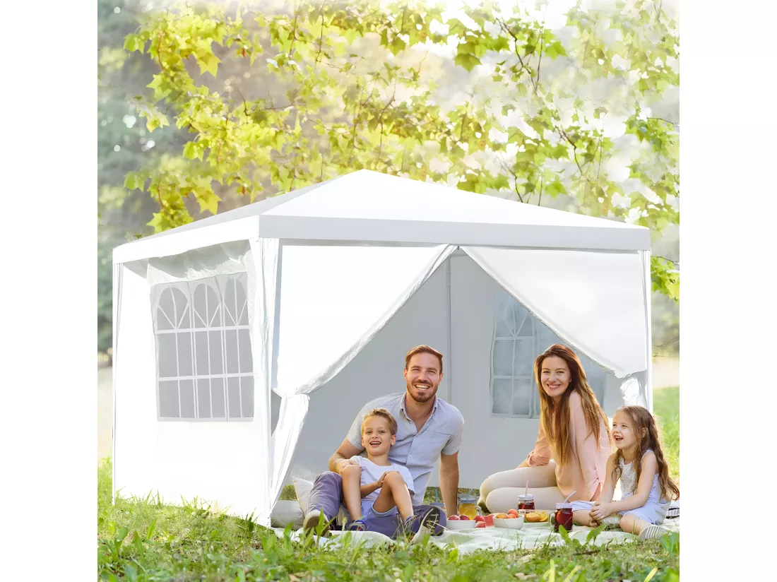 Tonnelle de Jardin 3x3M, Tente de Reception avec 4 Bâches Amovibles et Fenêtres Transparentes, Tubes Métalliques, Barnum pour Fête, Mariage, BBQ