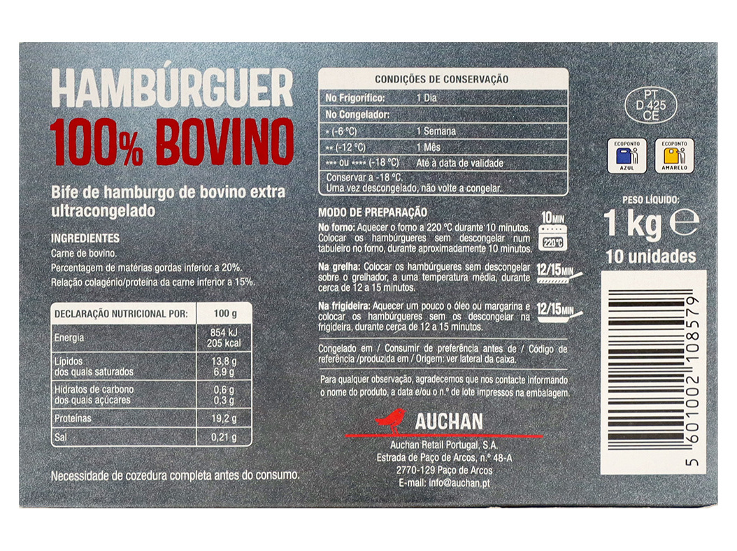 HAMBÚRGUERES AUCHAN 100% BOVINO 10UN 1KG
