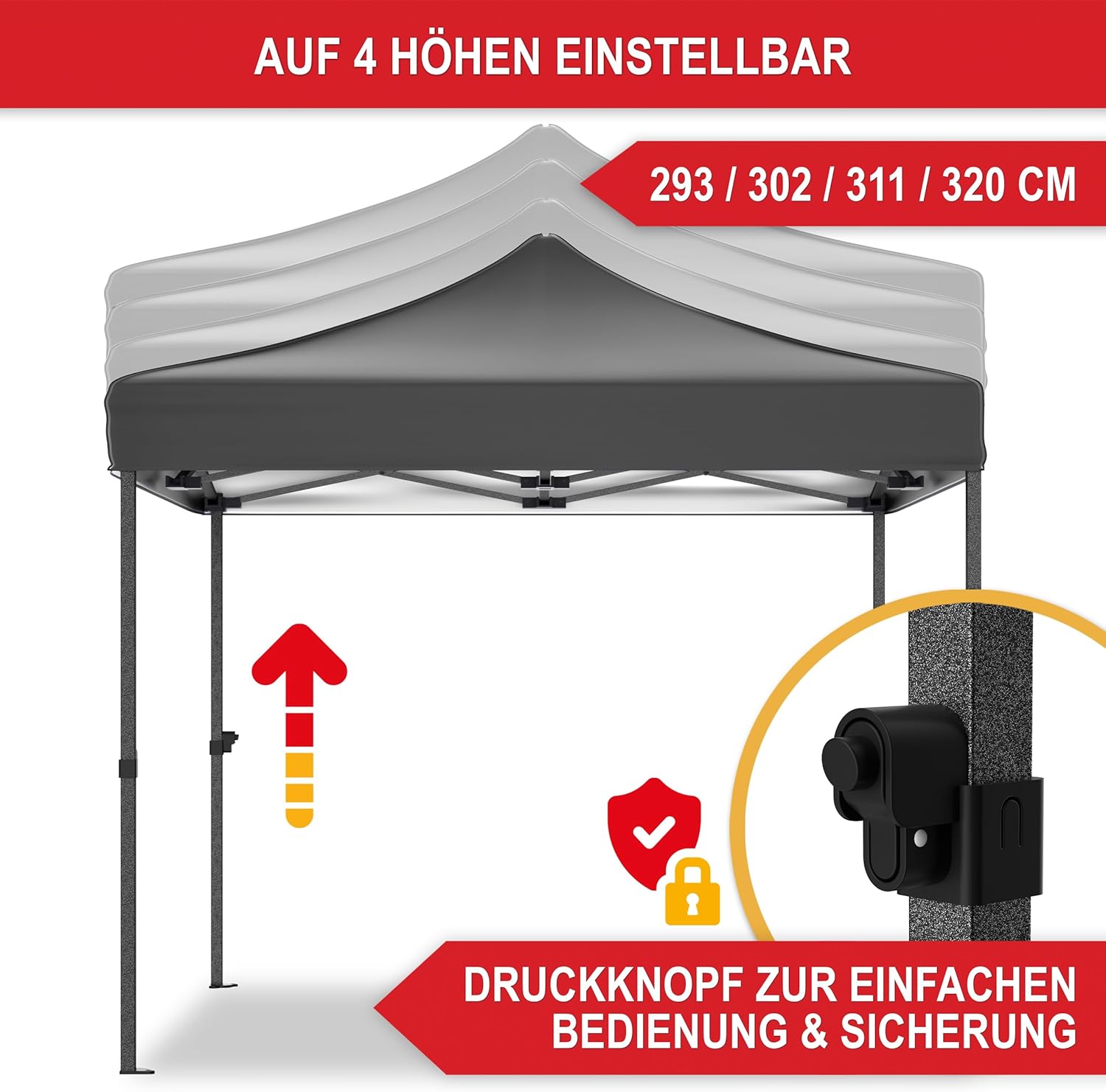 Pavillon – 3x3m – Großer Eingang - Wasserdicht – Pop up Gestell – Seitenwänden mit 3x3 Fenstern – Zusätzlich mit Tasche – Faltbarer Outdoor Pavillon Faltpavillon (Grau)