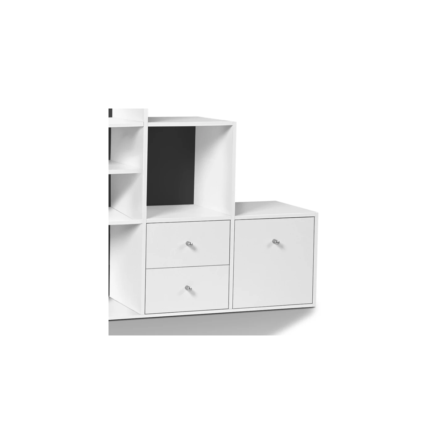 Meuble de rangement en escalier LIAM 4 niveaux bois blanc + porte/tiroirs blancs fond gris