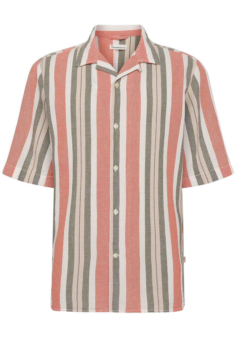 Knowledge Cotton Apparel Hemd Box Fit SS Striped Cotton Shirt Green Stripe