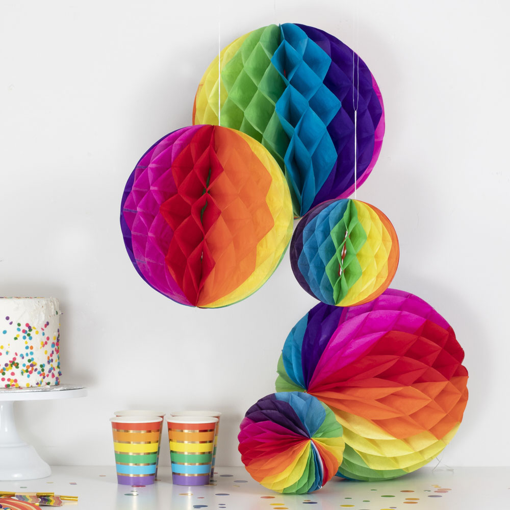 (5er Set) Papier Pompon's Deko Party / Geburtstag / Hochzeit - Regenbogen
