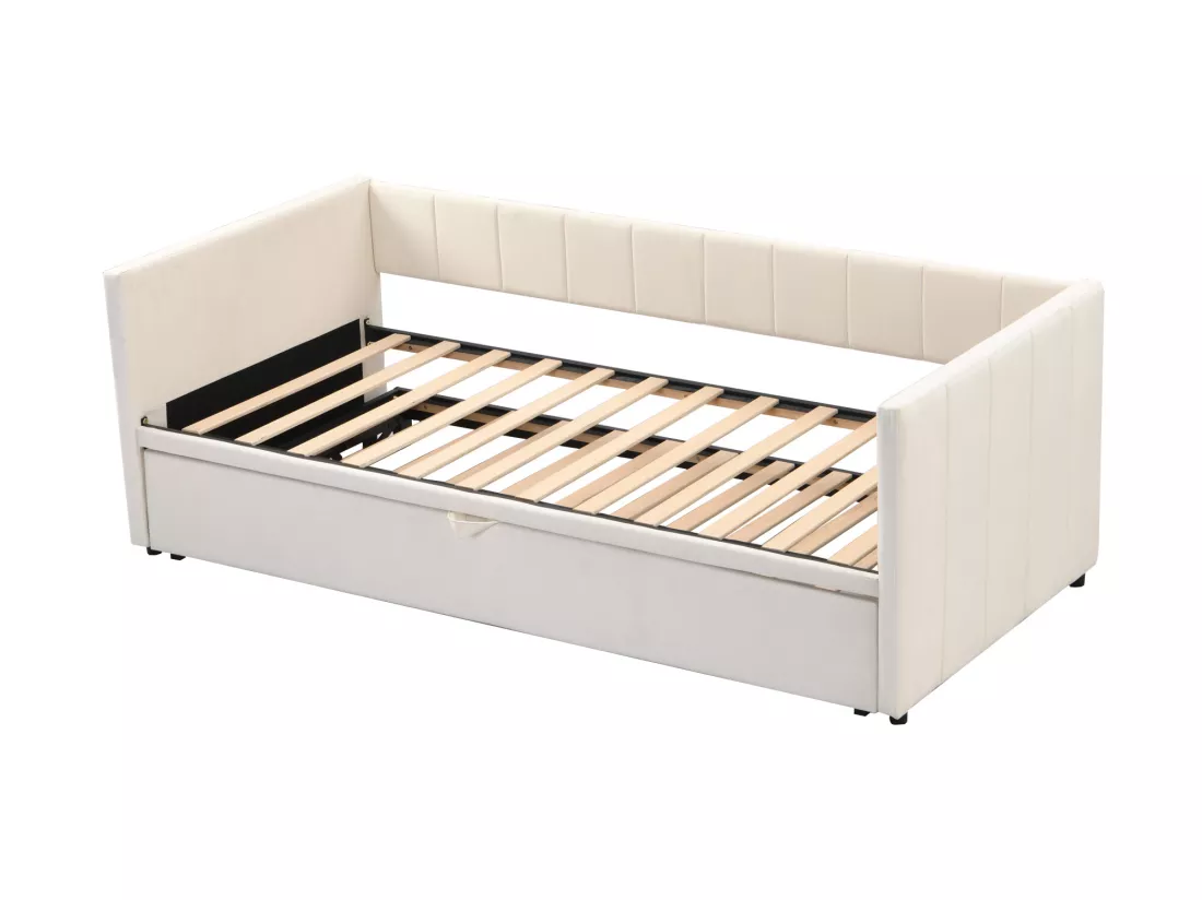 Lit gigogne 90 x 200 cm pour enfant - velours - sommier inclus - coloris beige