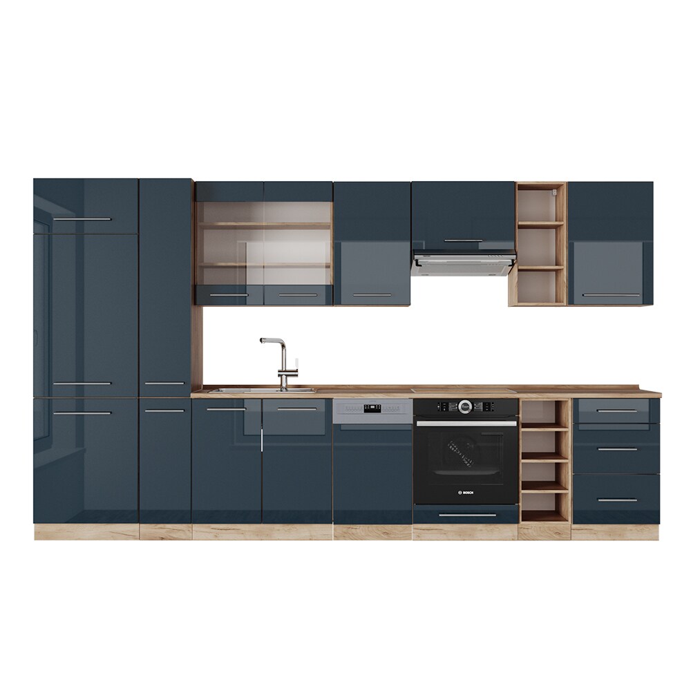 Vicco Küchenzeile Fame-Line Eiche Dunkelblau Hochglanz 355 cm mit Arbeitsplatte Anthrazit