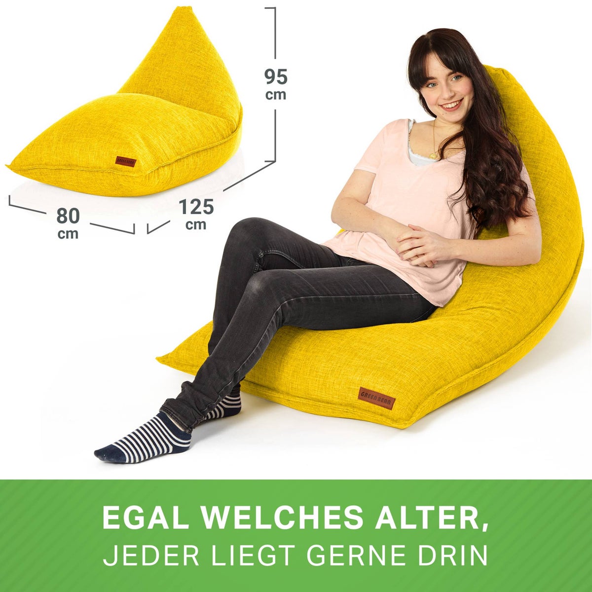 Green Bean Triangle Zitzak 150x100x100cm met 220 liter EPS-korrelvulling - Knuffelzacht en wasbaar - Binnenkussen van stof voor op de vloer, ligstoel en zitkussen - Geel