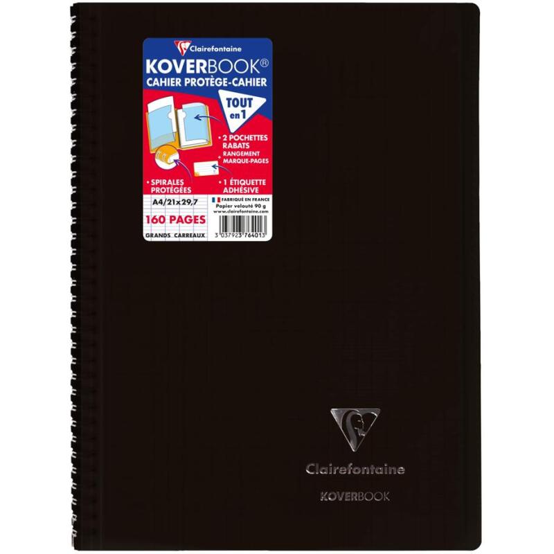 Cahier reliure intégrale enveloppante Koverbook A4 160 pages grands carreaux couverture polypropylène transparent - Assortis
