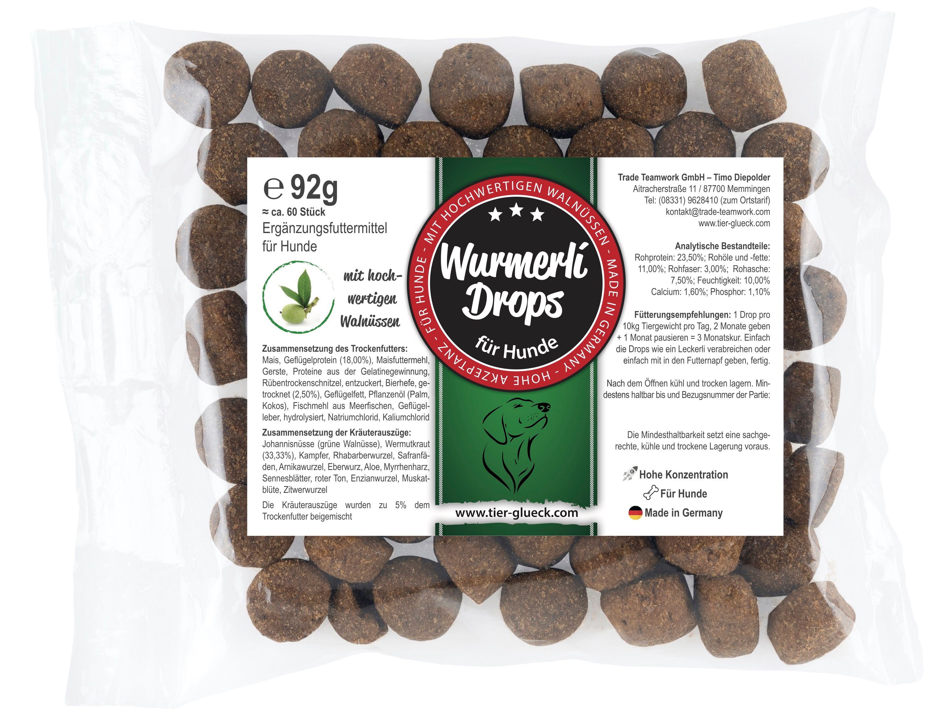 TierGlück Wurmerli® Drops mit Walnuss & Angelikawurzel für Hunde
