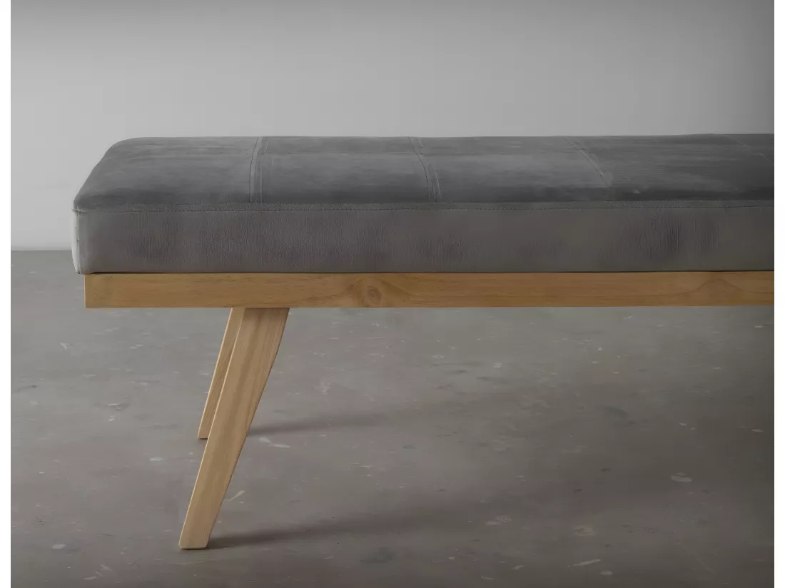 Tabouret tapissé en velours gris avec pieds en bois
