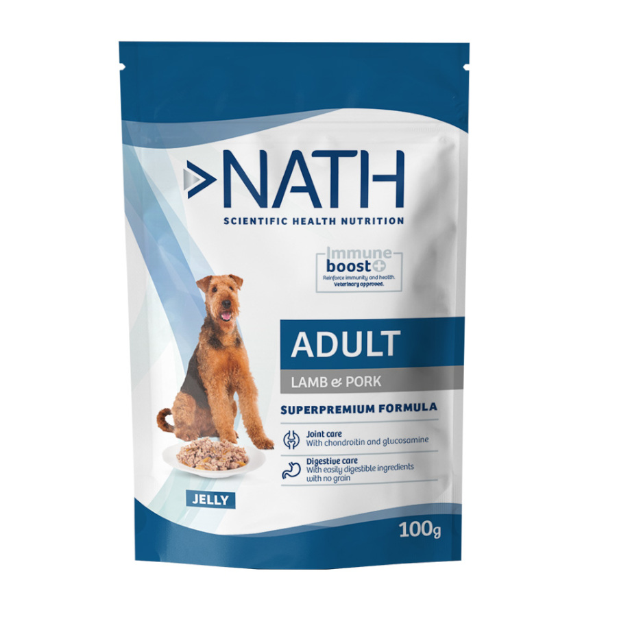 Sachê de gelatina Nath Adult com carne de cordeiro e porco para cães.