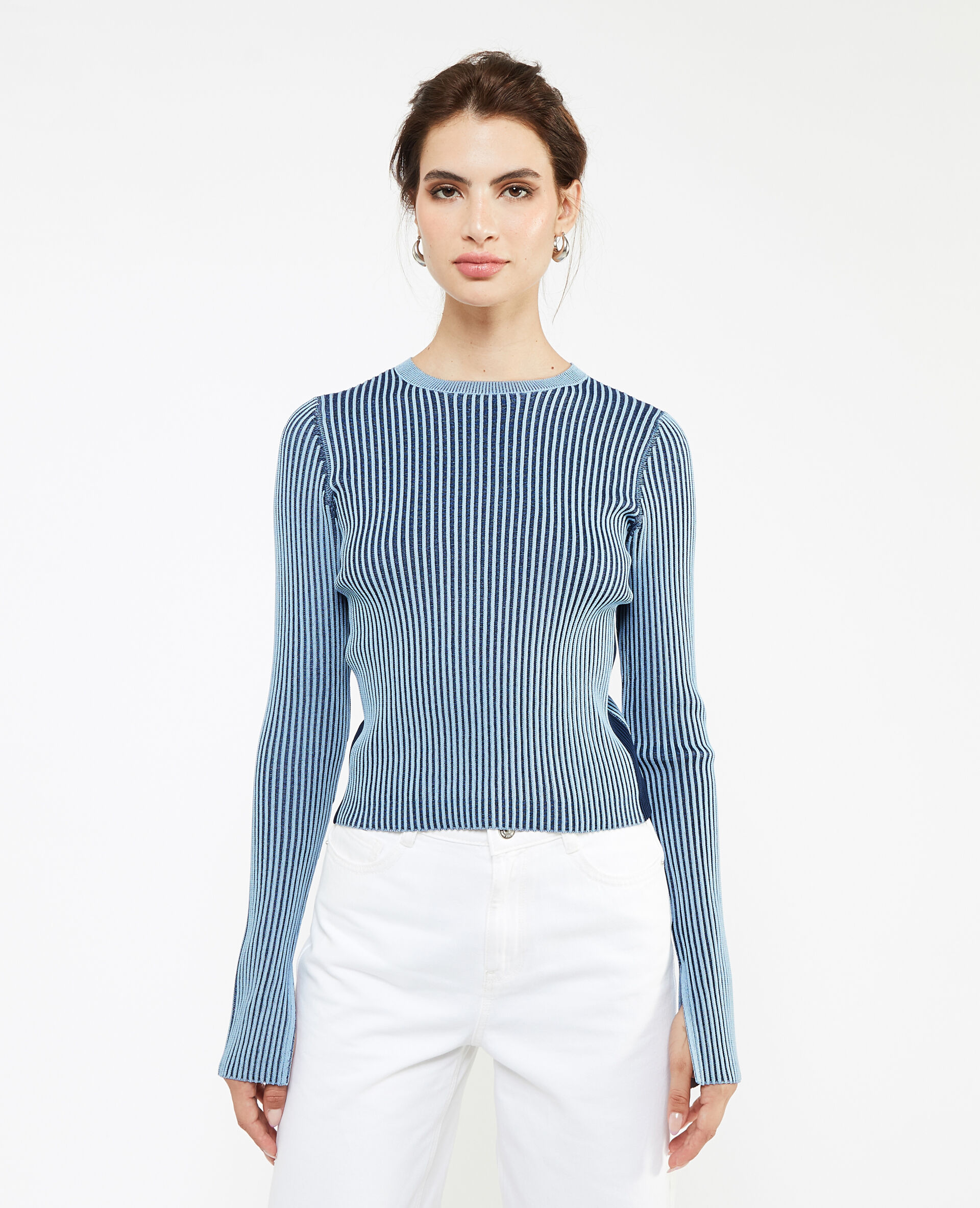 Pull maille côtelée effet rayé - Bleu marine