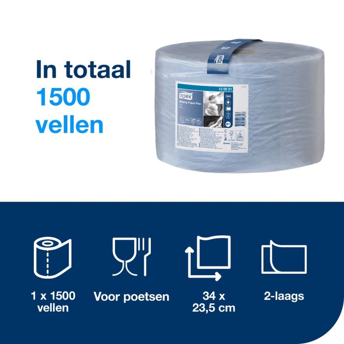 Tork 130051 WIPING PLUS ROL POETSPAPIER 420 2-lgs blauw 510 mtr x 24 cm pak à 1 rol/1500 vel (130051)