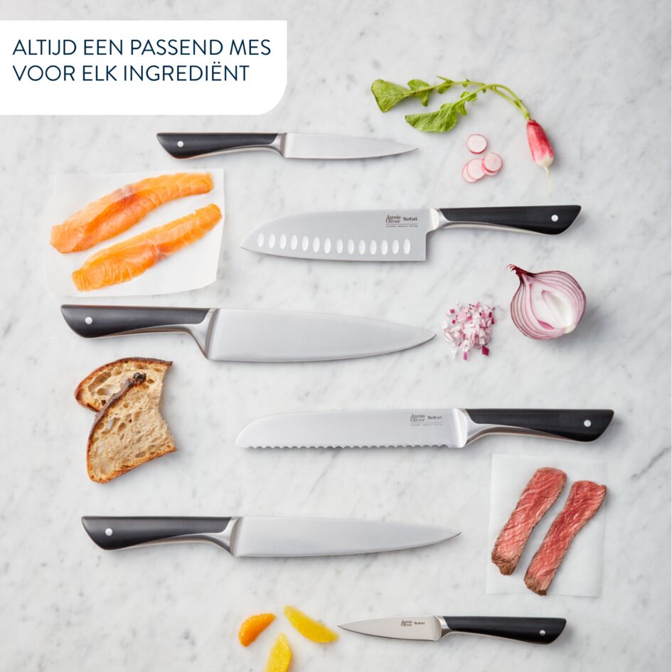 Jamie Oliver K267S656 6 keukenmessen + messenblok: Koksmes 20 cm, Santokumes 16,5 cm, Vleesmes 20 cm, Broodmes 20 cm, Universeel mes 12 cm, Schilmes 9 cm