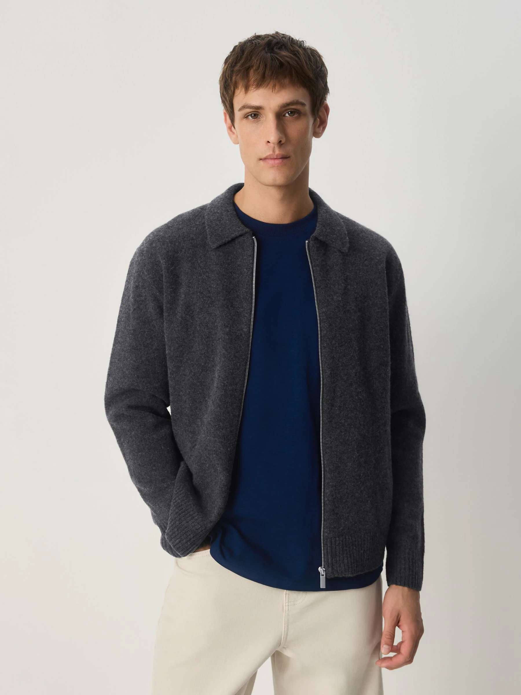 Antraciet - Relaxed Fit Cosy Zip Through Collared Cardigan with Wool