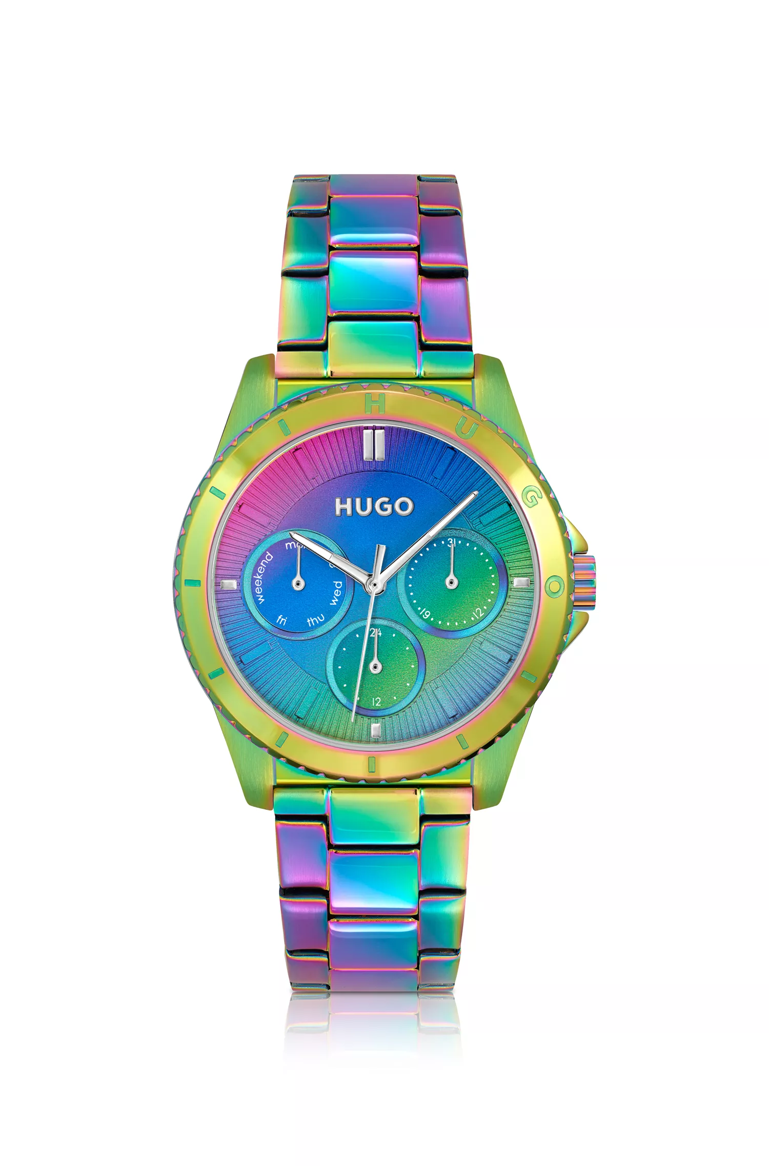 Relógio HUGO com pulseira de elos vermelhos em aço com efeito arco-íris.