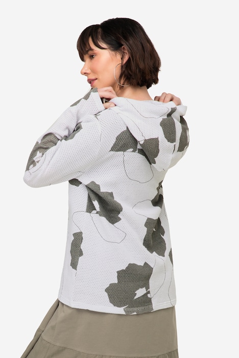 Hoodie, Blätter Print, Netz-Kapuze, Langarm