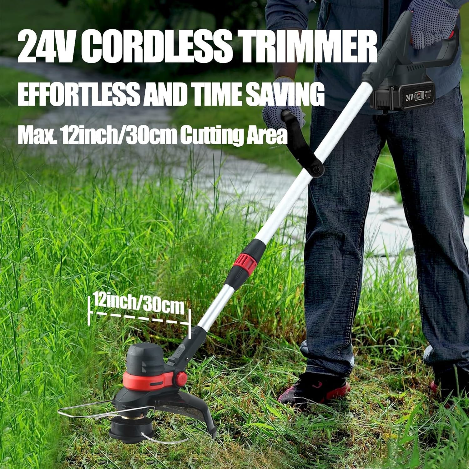 24V Rasentrimmer mit Akku und Unkrautbürste, BRUSHLESS Akku Rasentrimmer für 18V Makita Akku, 4 in 1 Akku Trimmer Messer, 30CM SCHNITTBREITE, 110-160CM Teleskopisch, 2X Akku Freischneider