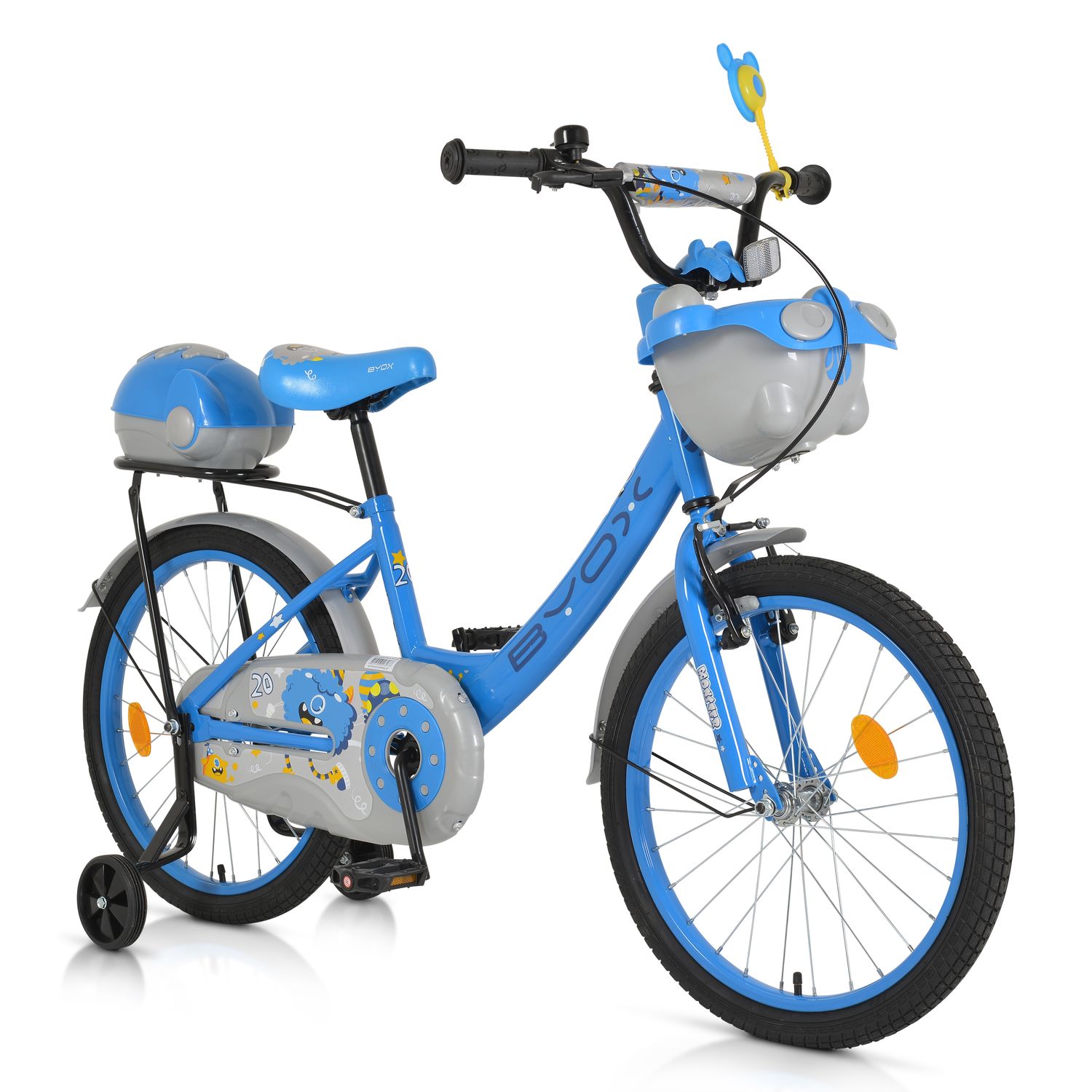 Byox Kinderfahrrad 20 Zoll 2002, Stützräder, Klingel, Höhe einstellbar, Körbe blau