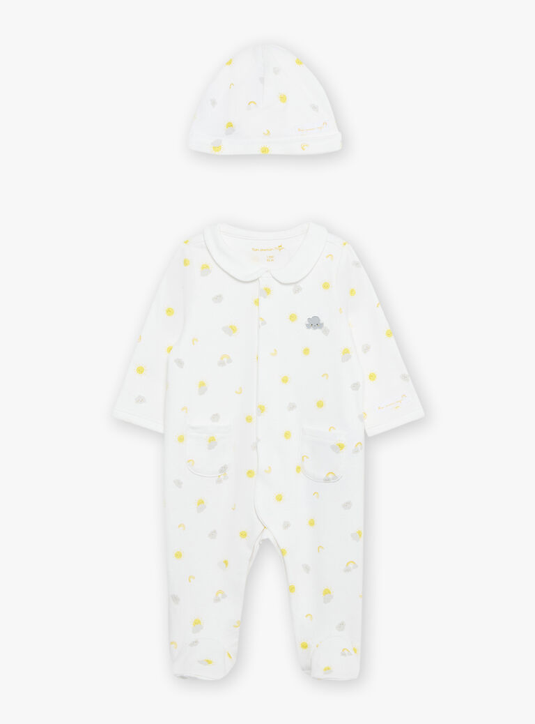 Pyjama et bonnet de naissance blancs à imprimé nuages et soleils