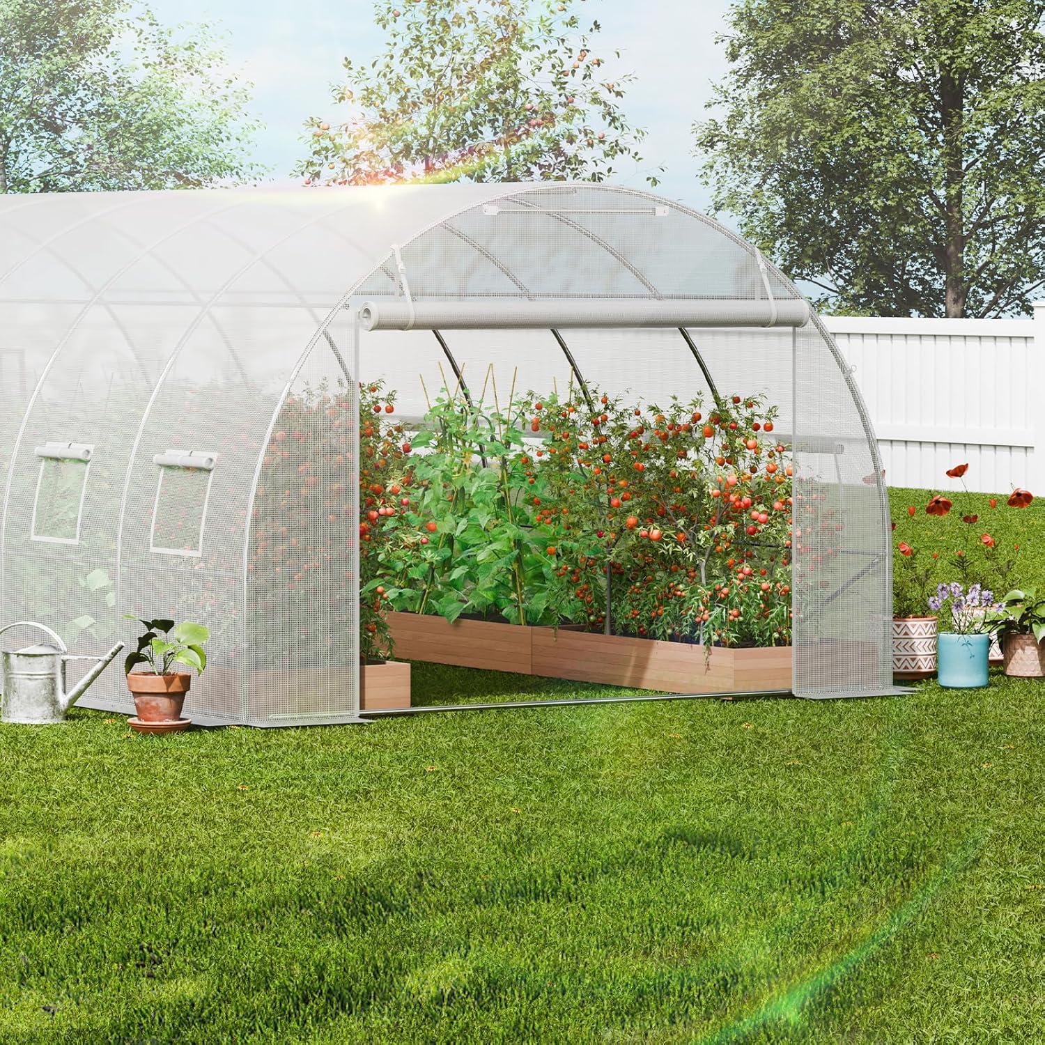 VEVOR Folien-Gewächshaus, 590 x 295 x 198 cm, Tomatengewächshaus, Treibhaus mit verzinktem Stahlrahmen, grüner PE-Abdeckung, aufrollbarer Reißverschlusstür und 12 Fenstern für den Außenbereich, Weiß