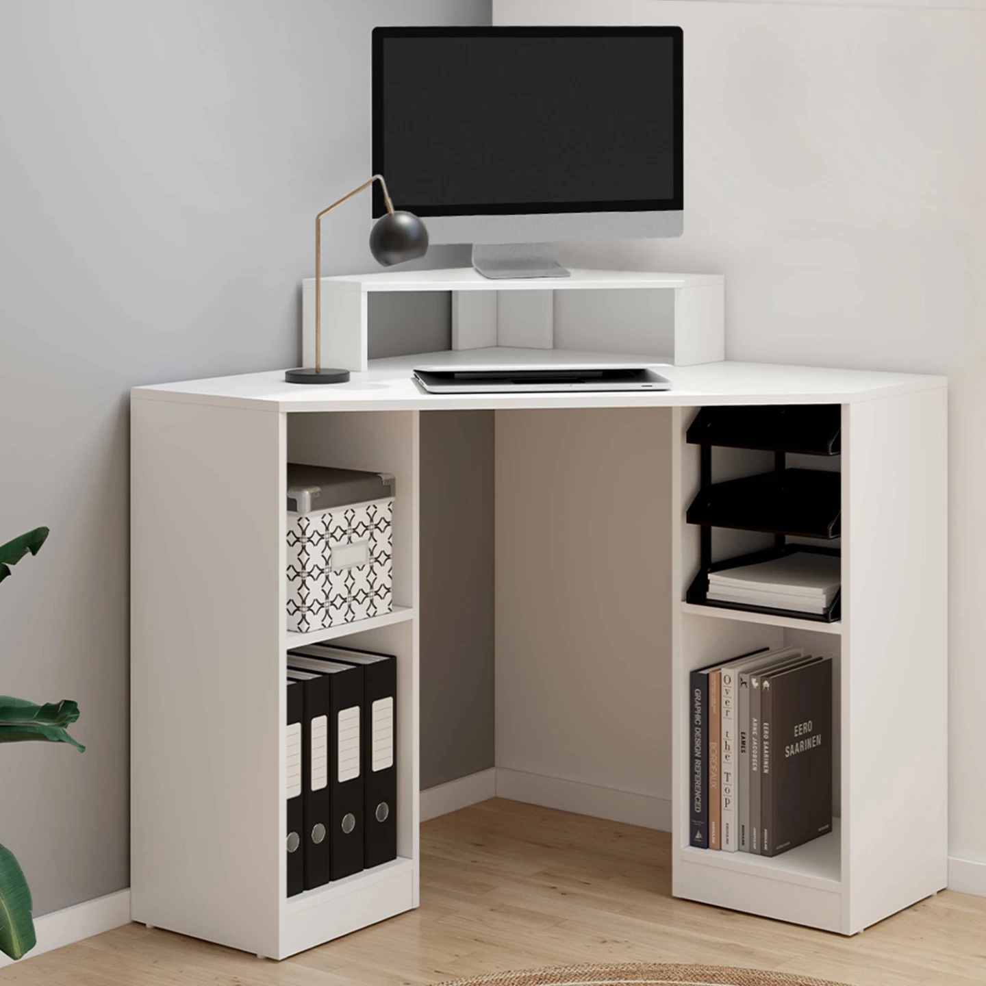 Bureau d'angle HARRY blanc gain de place bureau informatique avec rangements